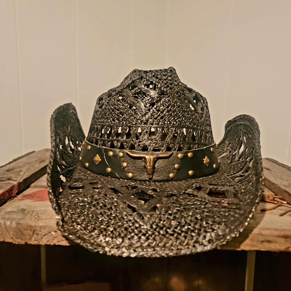 Black Woven Cowboy Hat with Bullhead Hand Made Ornement and Gold Accents